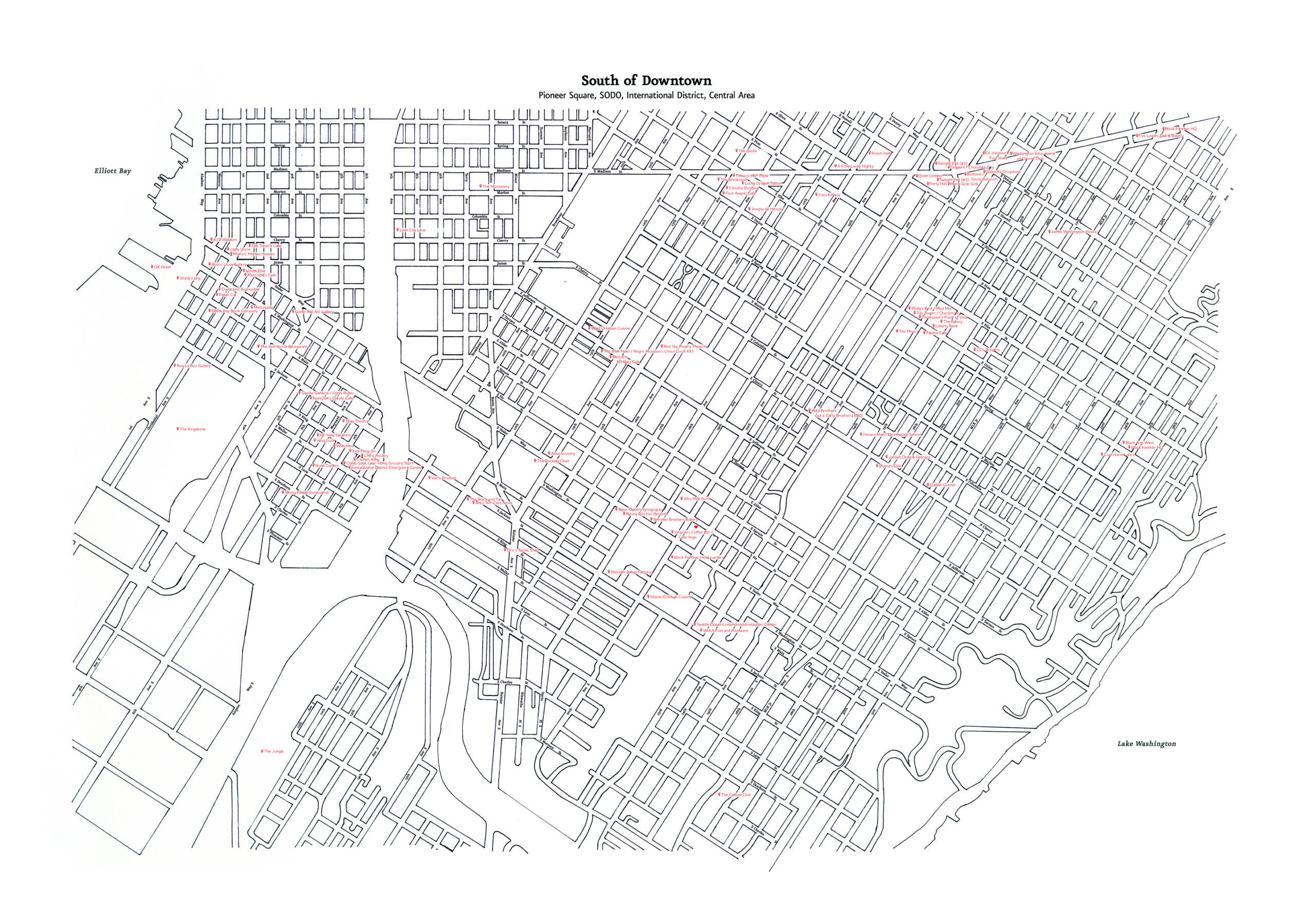 Map of South of Downtown Seattle, with Pioneers Square, SODO, International District, and Central Area neighborhoods. Hand-drawn by Joshua Powell.